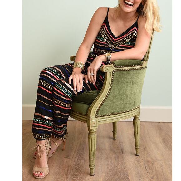 Mara Hoffman Pants - Mara Hoffman Sequin Striped Georgette Spaghetti Strap Jumpsuit black size XS